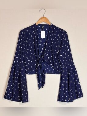 Windsor Floral Tie Front Bell Sleeve Crop Top Navy Cottagecore Medium